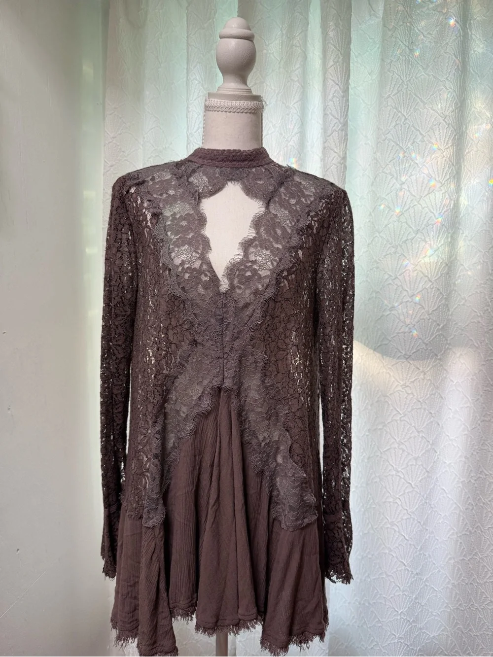 Free People Mauve Crochet Lace High-Neck Top